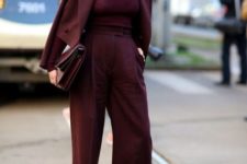 Burgundy culottes with jacket and heels