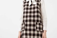 Checked dress with white shirt and over the knee boots