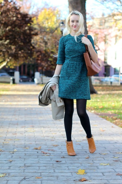 Colored dress with black tights, brown ankle boots and big brown bag