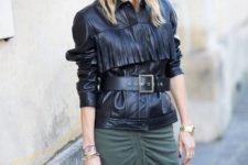 Cool leather jacket with olive green skirt