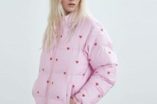Heart printed light pink puffer jacket with jeans