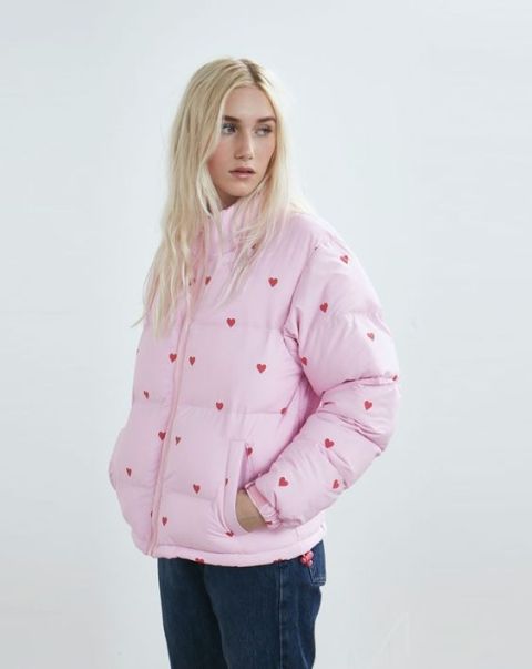 Heart printed light pink puffer jacket with jeans