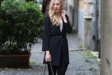 Long belted blazer with striped shirt, skinnies and small bag