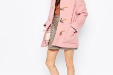 Pink coat with orange shirt, printed mini skirt and leopard boots