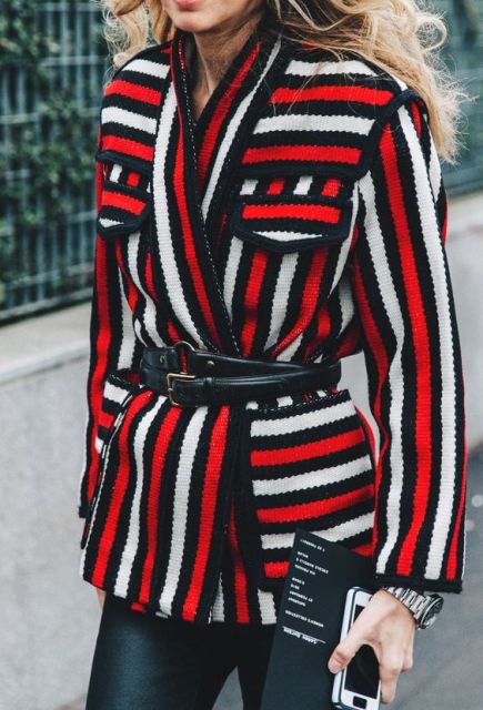 Striped jacket with black belt and leather pants