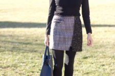 Two color skirt with black shirt and ankle boots
