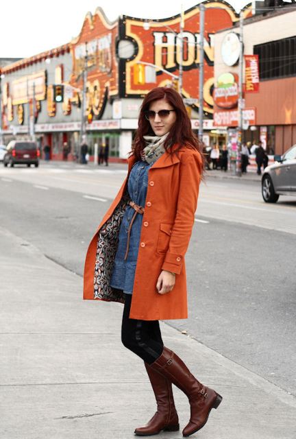 With belted denim dress and brown boots