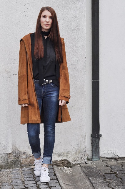 suede brown coat outfit