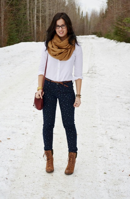 With classic white shirt, oversized scarf and printed pants