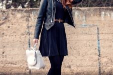With dress with belt and leather black jacket