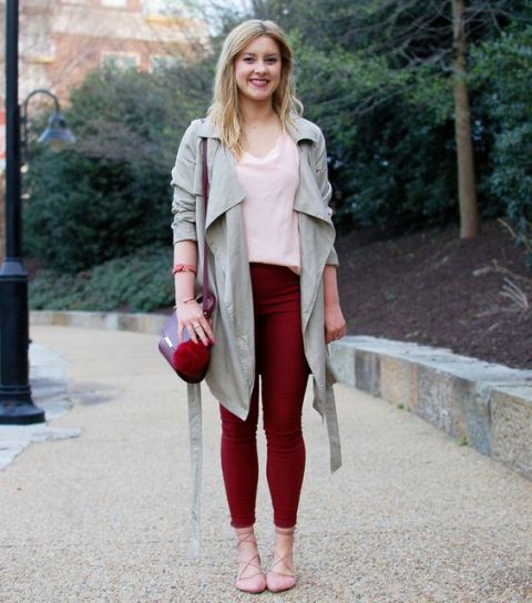 With duster coat, lace up flats and crossbody bag