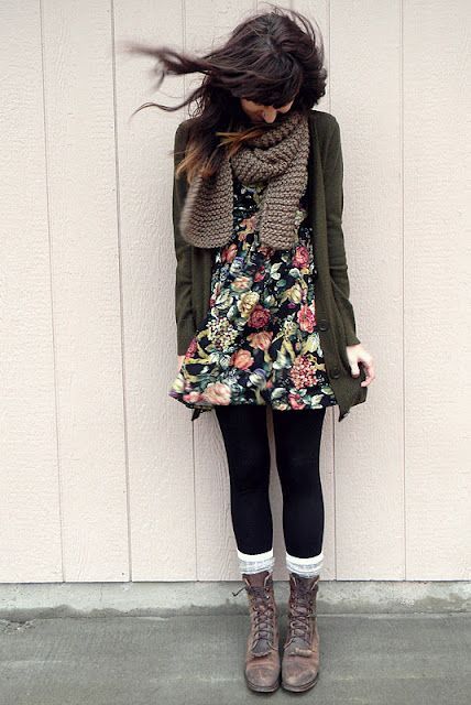 With floral dress, cardigan and scarf