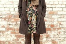 With floral mini dress, printed tights and mini coat