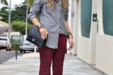 With gray classic shirt and small bag