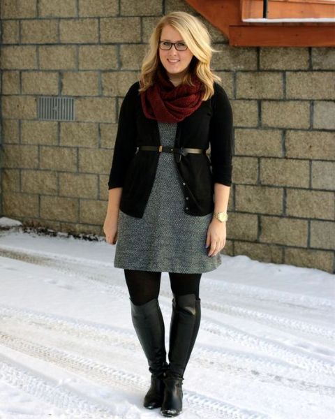 With gray dress, marsala scarf and leather black boots