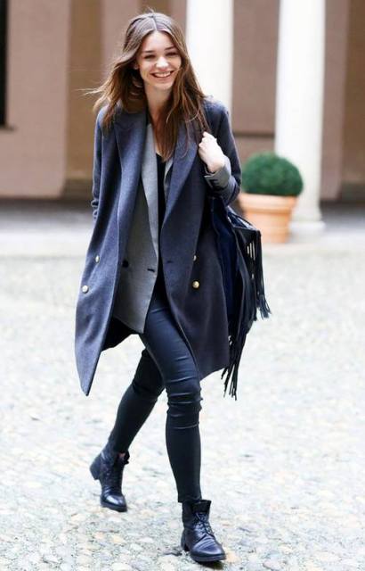 Casual fall outfit with gray jacket, dark color pants and flat ankle boots