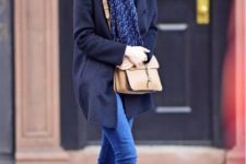 With jeans, brown ankle boots, oversized scarf and gray beanie