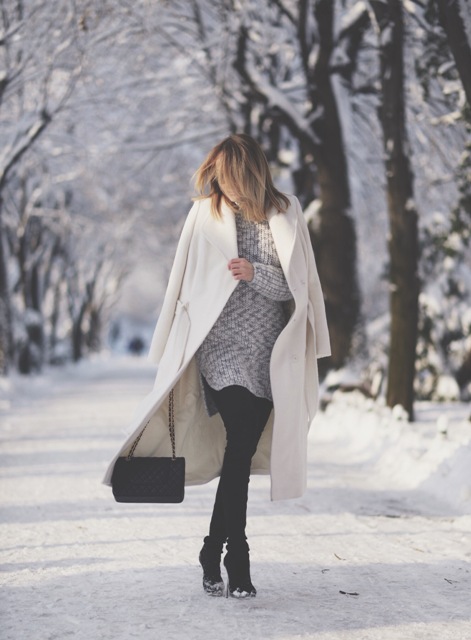 With knitted dress and black boots