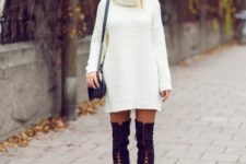 With knitted dress and chain strap bag