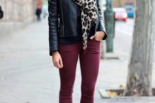 With leather jacket, leopard scarf and pumps