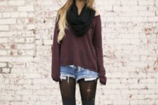 With loose shirt, black scarf, denim shorts and black tights