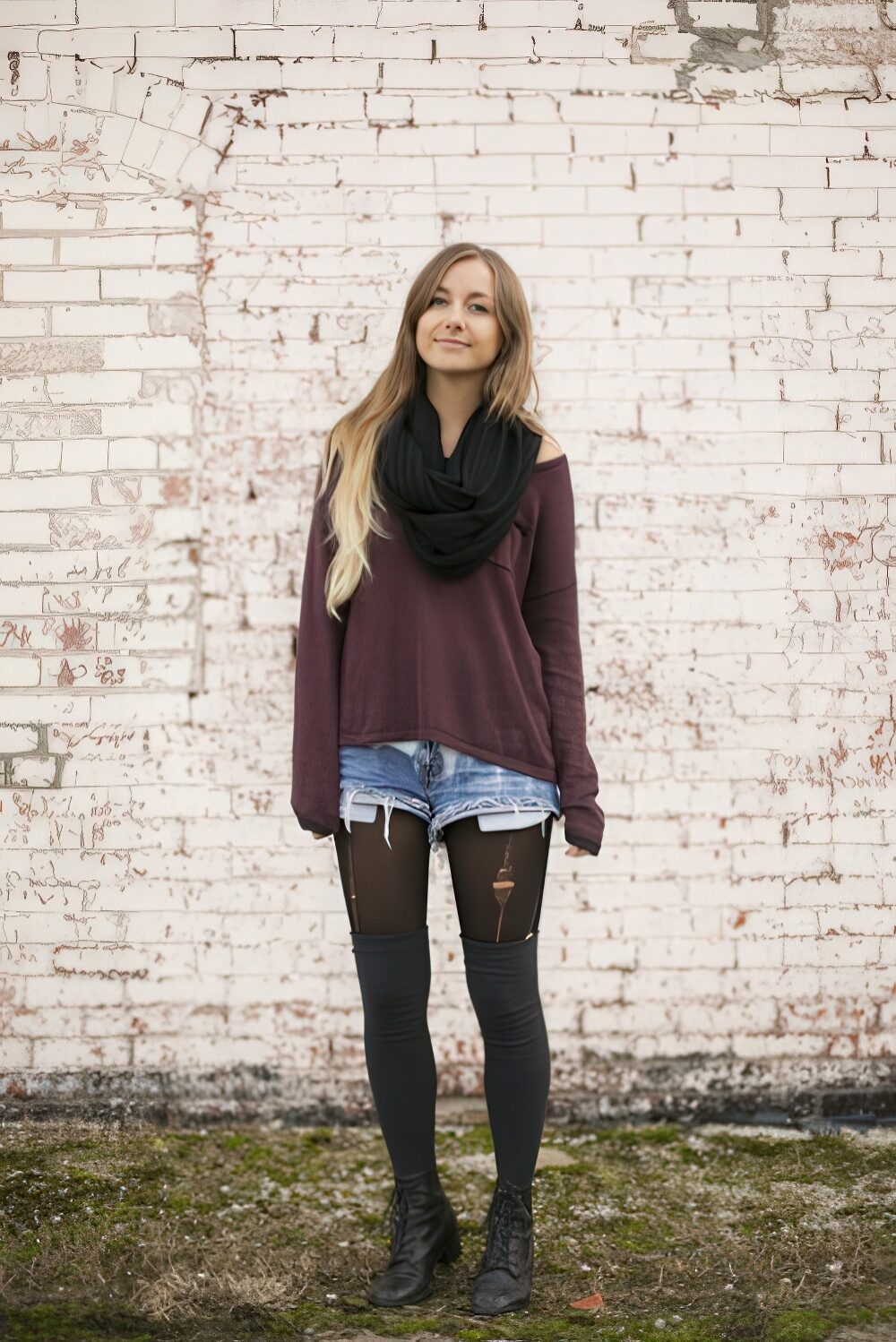 With loose shirt, black scarf, denim shorts and black tights.