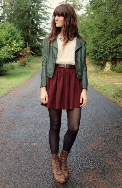 With marsala skater skirt, creme blouse and green army jacket