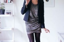 With mini printed dress, jacket and black tights