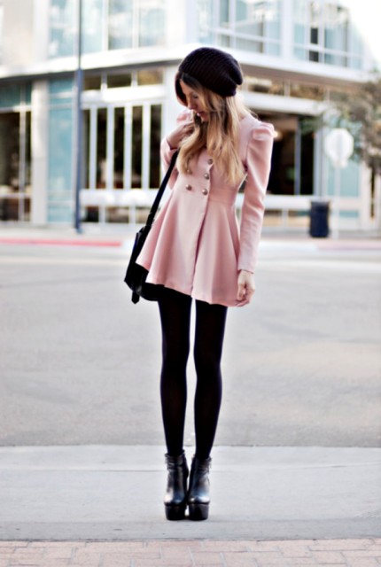 With mini skirt, black tights, platform ankle boots and bag