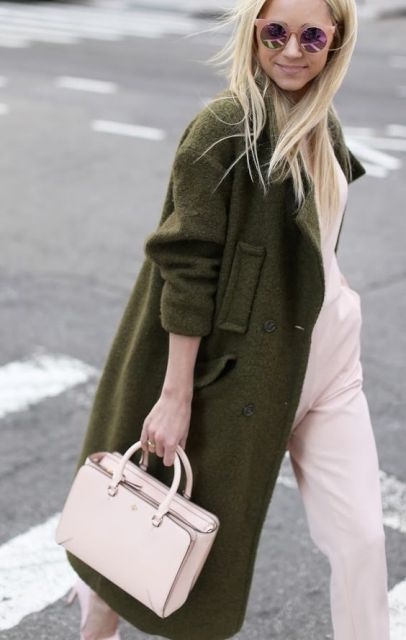 With pastel color bag and jumpsuit