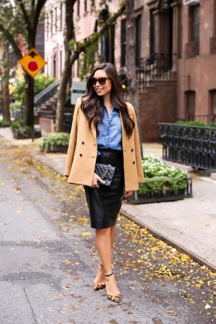 With pencil skirt, denim shirt and leopard shoes