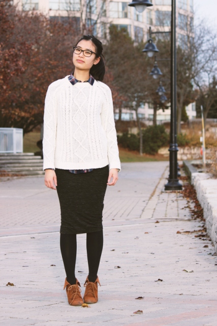 With plaid shirt, white sweater and pencil skirt