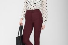 With polka dot shirt, big bag and suede boots