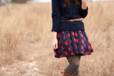 With printed skater skirt and high boots
