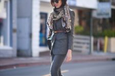 With skinnies, neutral pumps and printed scarf