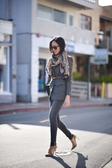 With skinnies, neutral pumps and printed scarf