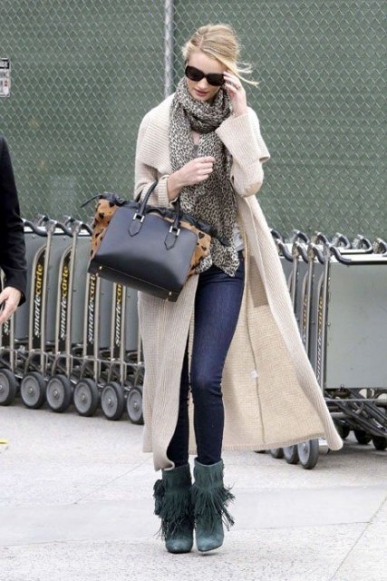 With skinny jeans, long cardigan and leopard scarf