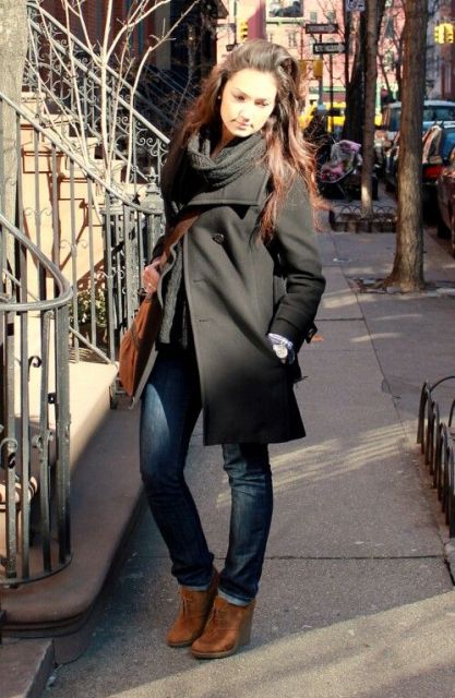 With straight jeans, black coat and scarf