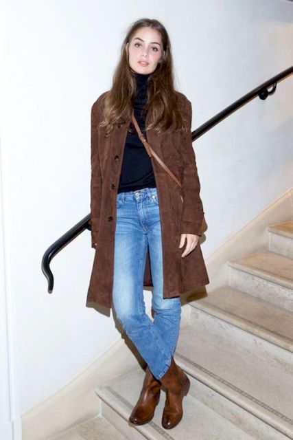 With straight jeans, leather boots and crossbody bag