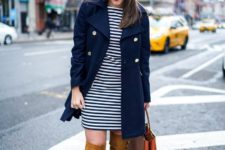 With striped dress, over the knee brown boots and leather bag