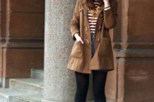 With striped shirt, mini skirt, black tights and marsala hat