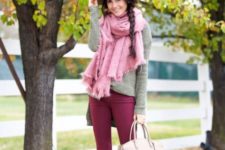 With sweater, oversized pink scarf and neutral shoes