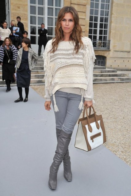 With two color bag and cozy white sweater