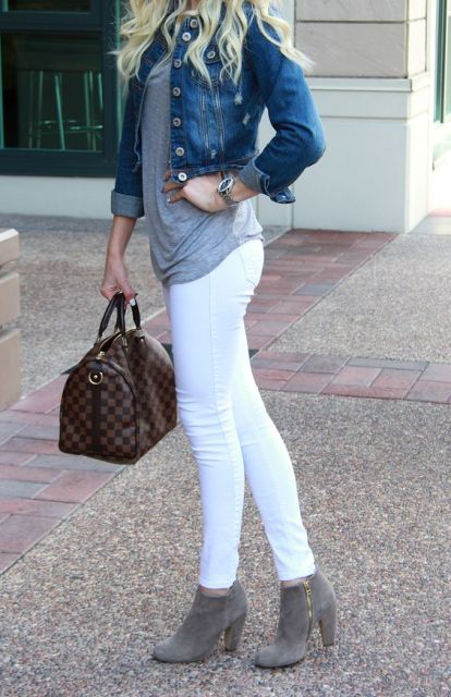 With white jeans, denim jacket and gray t-shirt