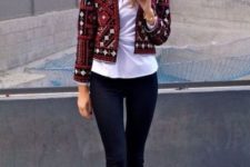 With white shirt, crop black skinnies and pumps