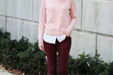 Pink sweater and burgundy pants