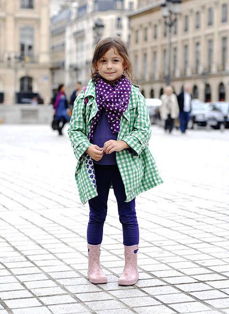 colorful outfit with blush boots, purple pants, a polka dot scarf and a green plaid coat