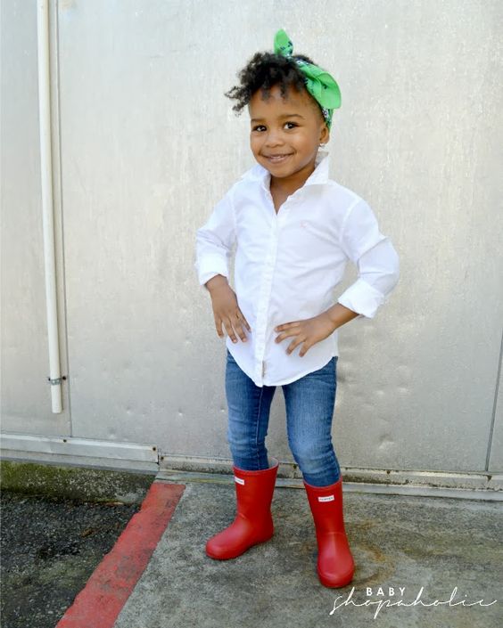 jeans, red rain boots, a white shirt