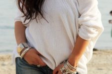 05 distressed denim and a white off the shoulder sweater