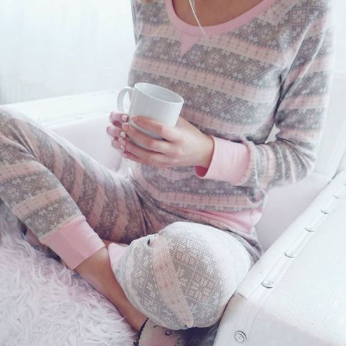 grey and pink pyjamas with long sleeves is comfy for wearing in the fall